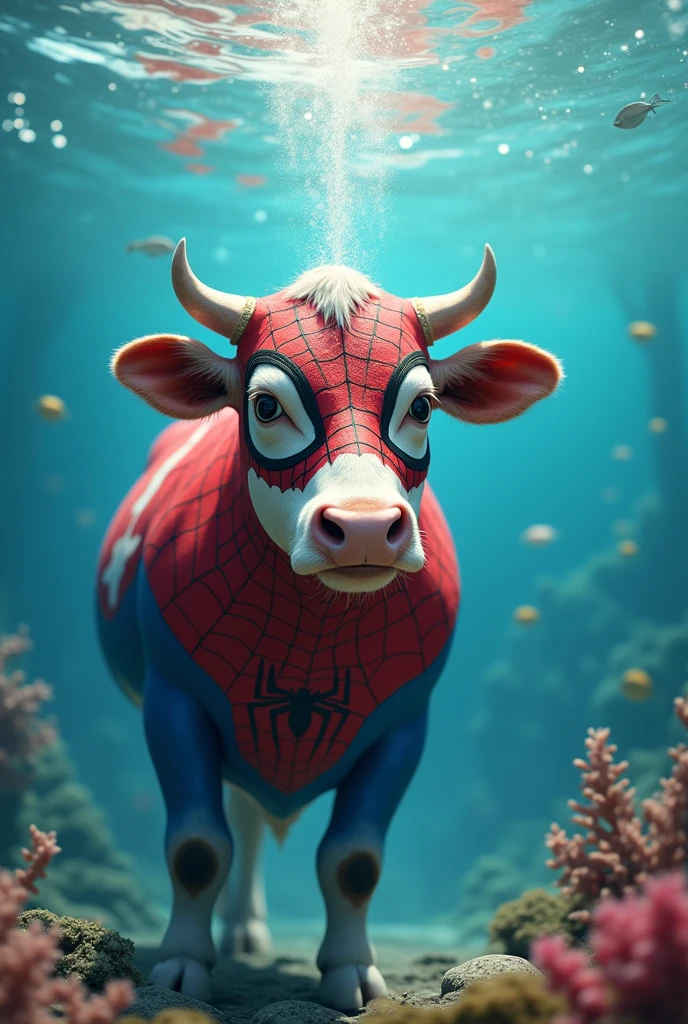 A cow in a spiderman costume is eating in the sea