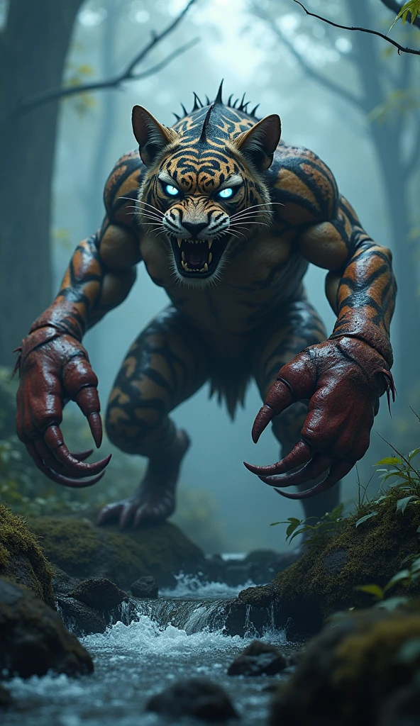 The image depicts a fierce and intimidating creature that appears to be a hybrid of a large cat, like a jaguar, and a crustacean, such as a crab or lobster. It has the muscular body and face of a jaguar with sharp teeth, glowing blue eyes, and prominent whiskers. Its front limbs resemble the powerful pincers of a crustacean, adding to its menacing appearance. The creature is shown in a dark, eerie forest environment near a stream, with a misty and mysterious atmosphere.