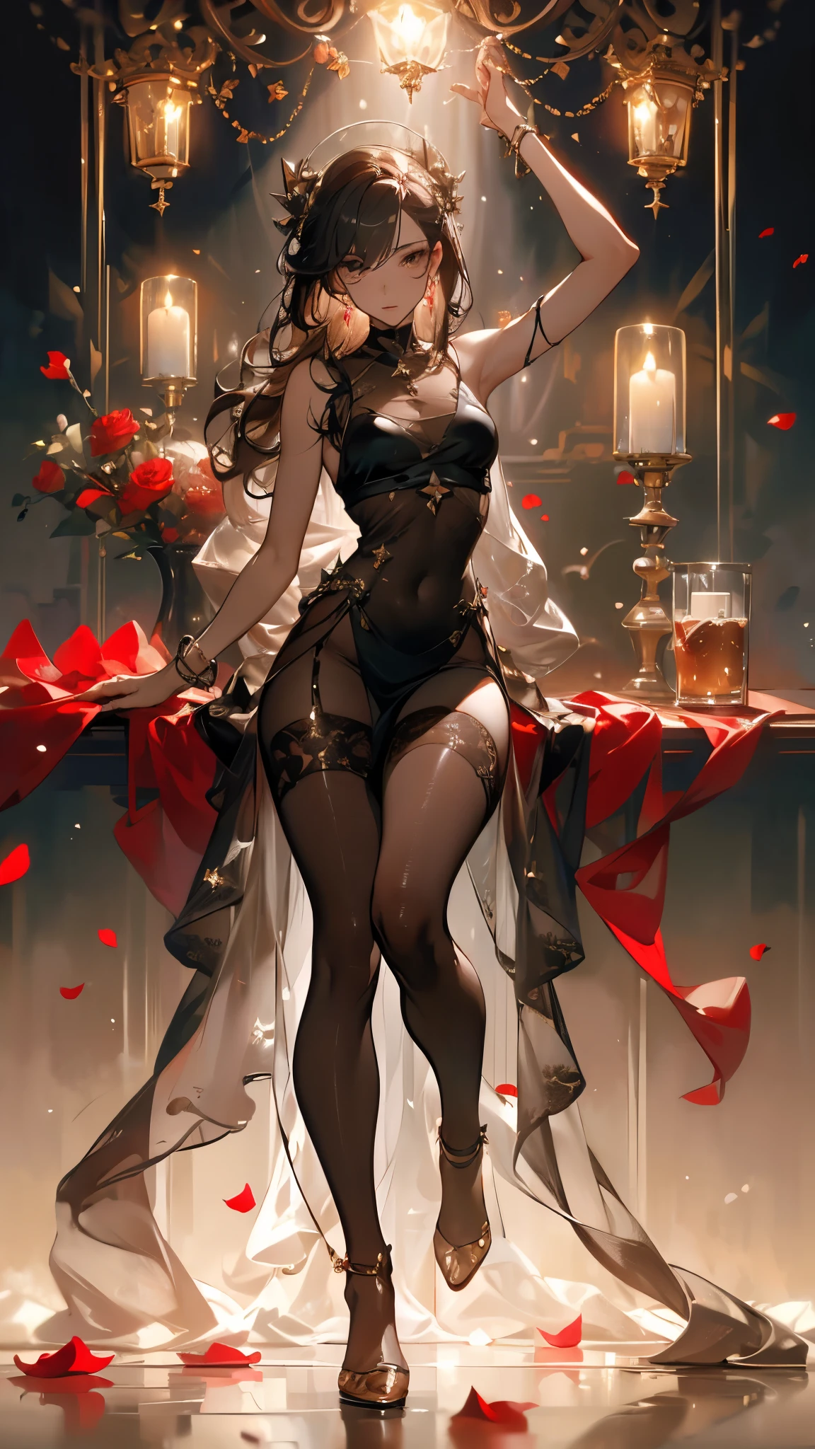 ((masterpiece, best quality)),dancer,Rose,earphone,Delicate face,whole body,Perfect body proportions,luxurious,Extremely beautiful,Leaves,Petals falling,sexly,See-through pantyhose,Fishnet stockings,transparent,Star decoration,NUDE