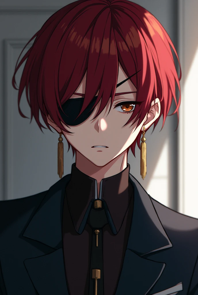 a boy,high school,handsome,dark eyepatch on right side,no bangs,dark red hair color,very short bob hair,double-edged eyelid,smart,wear Japanese gakuran,inner wear is cheongsam t-shirt,angry,cool,gold tassel earrings,look down on me