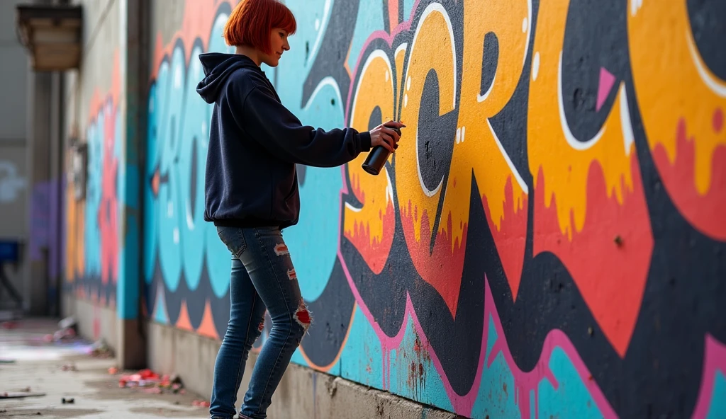 (masterpiece, best quality:1.2), (detailed, hyper-detailed, 8K HD, ultra-realistic:1.3), a young woman with a short bob hairstyle standing in front of a large wall, spray-painting vibrant graffiti. She is wearing a dark hoodie, ripped jeans, and sneakers. Her hands are stained with colorful paint, holding a spray can with confidence. The wall is covered in bright, bold colors as she creates a large, expressive piece of street art. The setting is urban, with a gritty, industrial feel. The scene is captured in a dynamic, energetic moment, with paint particles in the air, and the woman looks determined and focused, embodying the spirit of individuality and rebellion.
