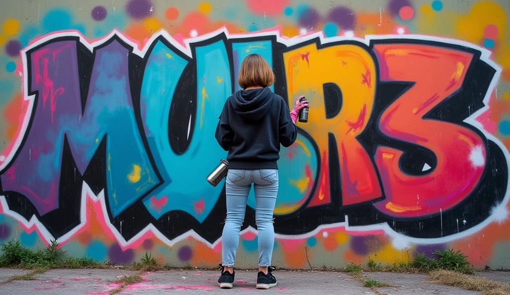 (masterpiece, best quality:1.2), (detailed, hyper-detailed, 8K HD, ultra-realistic:1.3), a young woman with a short bob hairstyle standing in front of a large wall, spray-painting vibrant graffiti. She is wearing a dark hoodie, ripped jeans, and sneakers. Her hands are stained with colorful paint, holding a spray can with confidence. The wall is covered in bright, bold colors as she creates a large, expressive piece of street art. The setting is urban, with a gritty, industrial feel. The scene is captured in a dynamic, energetic moment, with paint particles in the air, and the woman looks determined and focused, embodying the spirit of individuality and rebellion.

