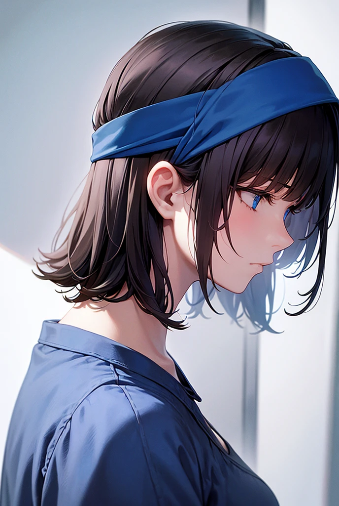 masterpiece, High detail, woman,Sad expression,profile,Bob Hair,Wearing a headband,Blue Cutter Shirt
