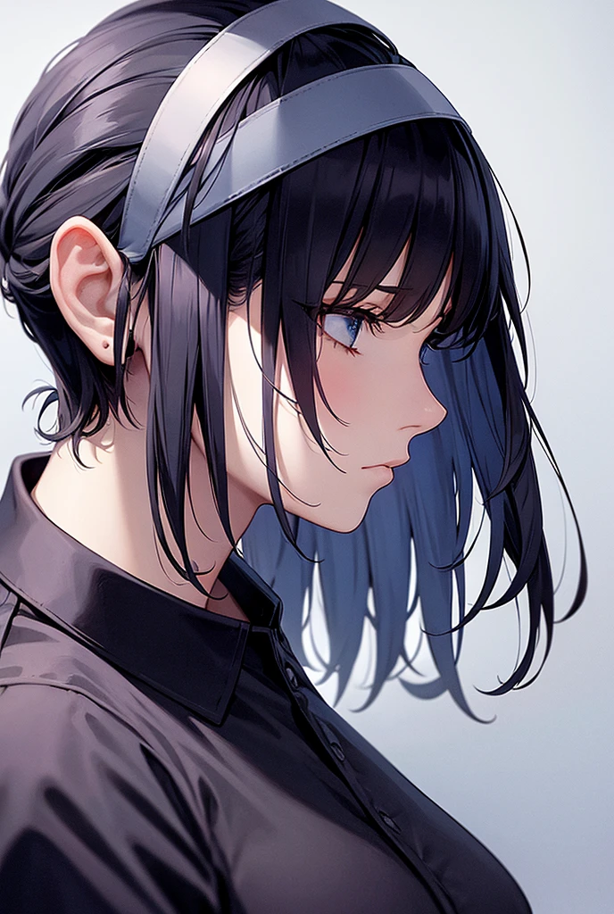 masterpiece, High detail, woman,Sad expression,profile,Bob Hair,Wearing a headband,Blue Cutter Shirt