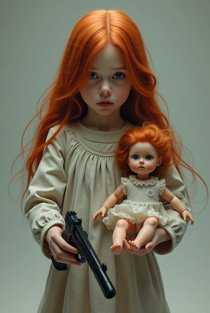 A female child, with long red hair, holding a doll in one hand, and a pistol in the other hand