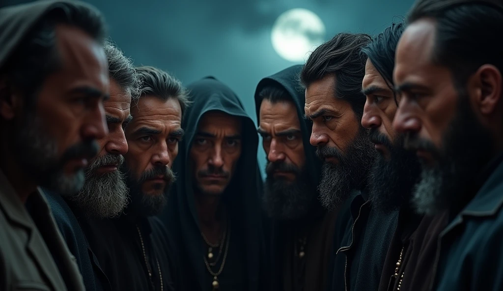 A scene depicting nine men with sharp, serious features, meeting secretly at night under the moonlight and plotting to kill the camel. A shot of the faces of the conspiring men, with sharp looks showing determination to carry out their plan