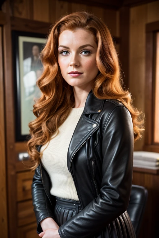 Medium view, of young aged, 30 year old, milf, irish woman, face portrait, irish features,long hair, ginger hair, 1940s hair style, 1940s clothing, black
leather jacket, in cozy fjord home 1936, sweaty