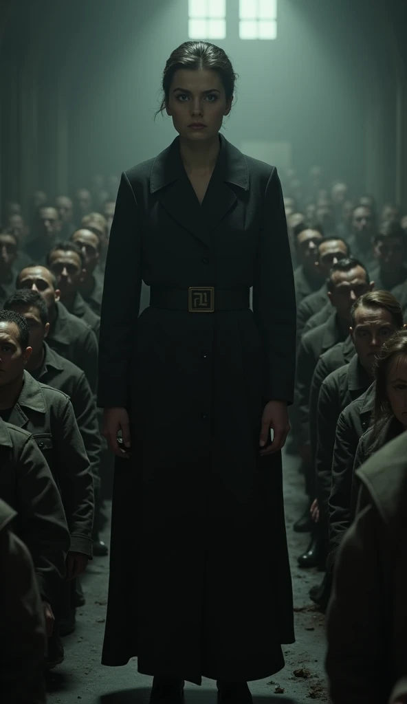 A horrifying scene where Irma Grese is selecting young, terrified prisoners for the gas chambers, her expression cruel and unyielding, the prisoners' faces pale with fear."