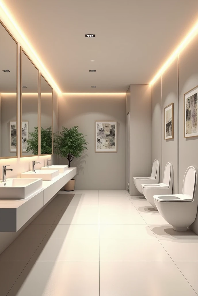 Create an image of a modern and clean school comfort room. The design should feature an aesthetic color palette, with soft neutral tones like light gray, white, and beige. The room is well-lit with soft, ambient lighting, and features large, sleek mirrors positioned above contemporary sinks with polished chrome faucets. Include a few stylish paintings on the walls to add an artistic touch. The floor is covered in smooth, large tiles that match the room's color scheme. There are multiple stalls with minimalist, clean-lined toilets. Ensure the overall space looks organized and welcoming, with subtle touches of greenery, such as small potted plants, to enhance the aesthetic appeal."