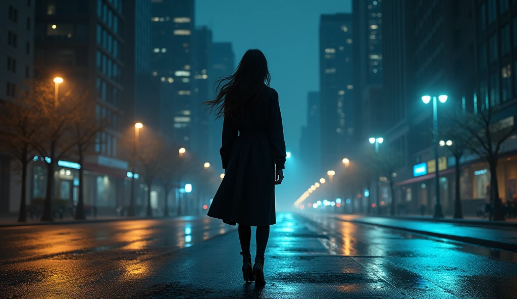 (masterpiece, best quality:1.2), (night cityscape, tall buildings:1.3), (urban street, empty:1.2), (woman walking alone, from behind:1.3), (long shadow stretching:1.1), (camera follows from behind:1.2), (straight long hair, black or dark brown:1.3), (hair swaying lightly, night lights reflecting:1.2), (long coat, black or dark gray:1.3), (knee-length or longer coat, flowing with movement:1.2), (black slim pants:1.1), (heeled boots, black or dark brown:1.2), (large bag, held in one hand:1.2), (minimal jewelry, glimpse of earrings:1.1), (dramatic lighting, high contrast:1.3), (8K, ultra-detailed, hyper-detailed, RAW photo quality, Unreal Engine rendering:1.3)
