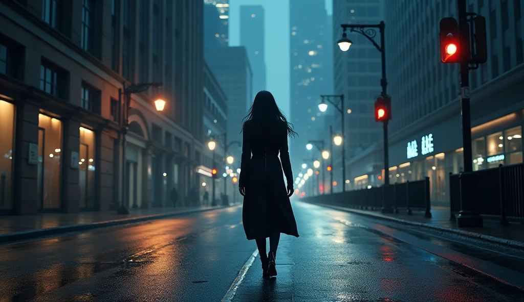 (masterpiece, best quality:1.2), (night cityscape, tall buildings:1.3), (urban street, empty:1.2), (woman walking alone, from behind:1.3), (long shadow stretching:1.1), (camera follows from behind:1.2), (straight long hair, black or dark brown:1.3), (hair swaying lightly, night lights reflecting:1.2), (long coat, black or dark gray:1.3), (knee-length or longer coat, flowing with movement:1.2), (black slim pants:1.1), (heeled boots, black or dark brown:1.2), (large bag, held in one hand:1.2), (minimal jewelry, glimpse of earrings:1.1), (dramatic lighting, high contrast:1.3), (8K, ultra-detailed, hyper-detailed, RAW photo quality, Unreal Engine rendering:1.3)