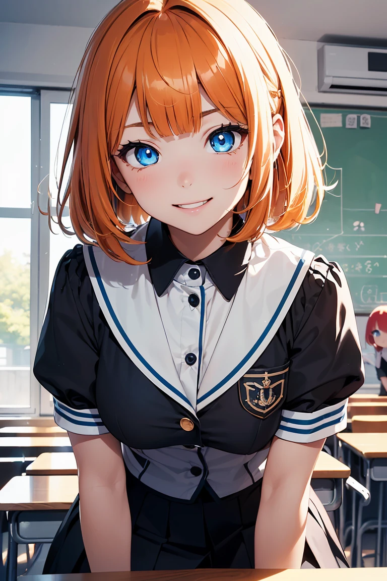 ((1 girl)), Latest clothing trends, cheerful grin, animated expressions, schoolar uniform, blackstockings, class room ((very detailled, highest quallity, high resolution, 8 k wallpaper, cute ,)),(hair orange, shorth hair, juvenile,Bouncy hair, ((asymmetrical bangs)) ,(shining blue eyes),shade, eyeliner,glowing eye, very detailledな目, Complex Eyes, gorgeous eyes, Shining Bright Blue Eyes 1