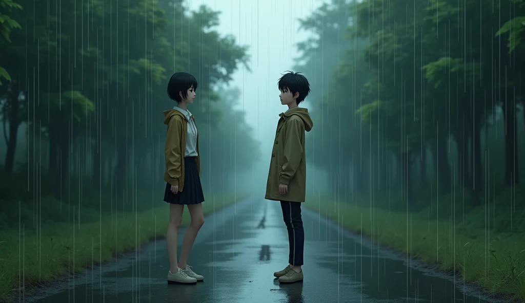 A tall, slender young man with short dark hair, wearing a raincoat and a white shirt underneath, had stopped and stood in a place where the rain was falling. The rain cascaded down onto a road in the middle of a forest. She, wearing a hoodie over a white collared shirt and a black skirt with shoulder-length black hair, stood staring intently at the young man with a gaze full of hidden meaning and inscrutable thoughts.