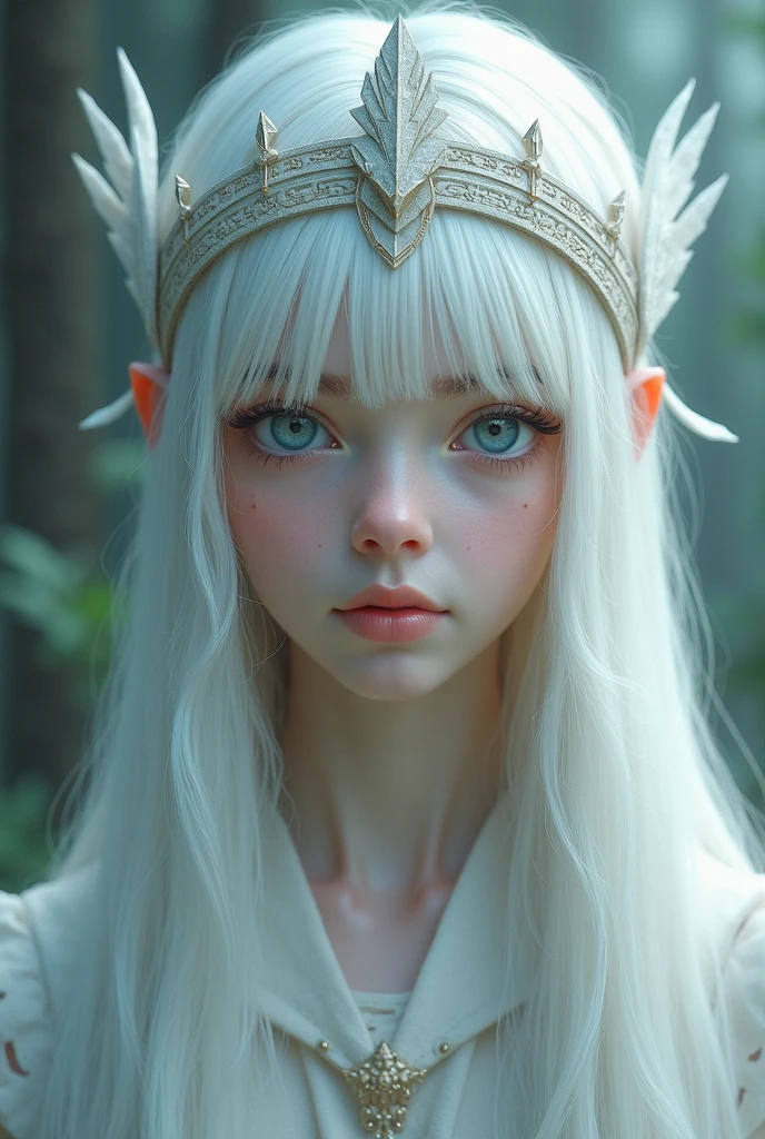 White long hair,Blue Eyes,Girl,M-shaped bangs,Headdress with an arrow pointing upwards