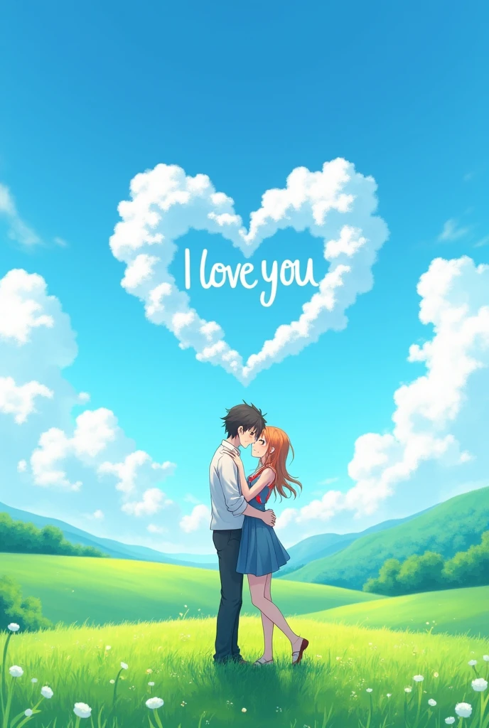 Anime couple in a open green field hugging and in the sky the line I Love You is written by the clouds as a channel banner