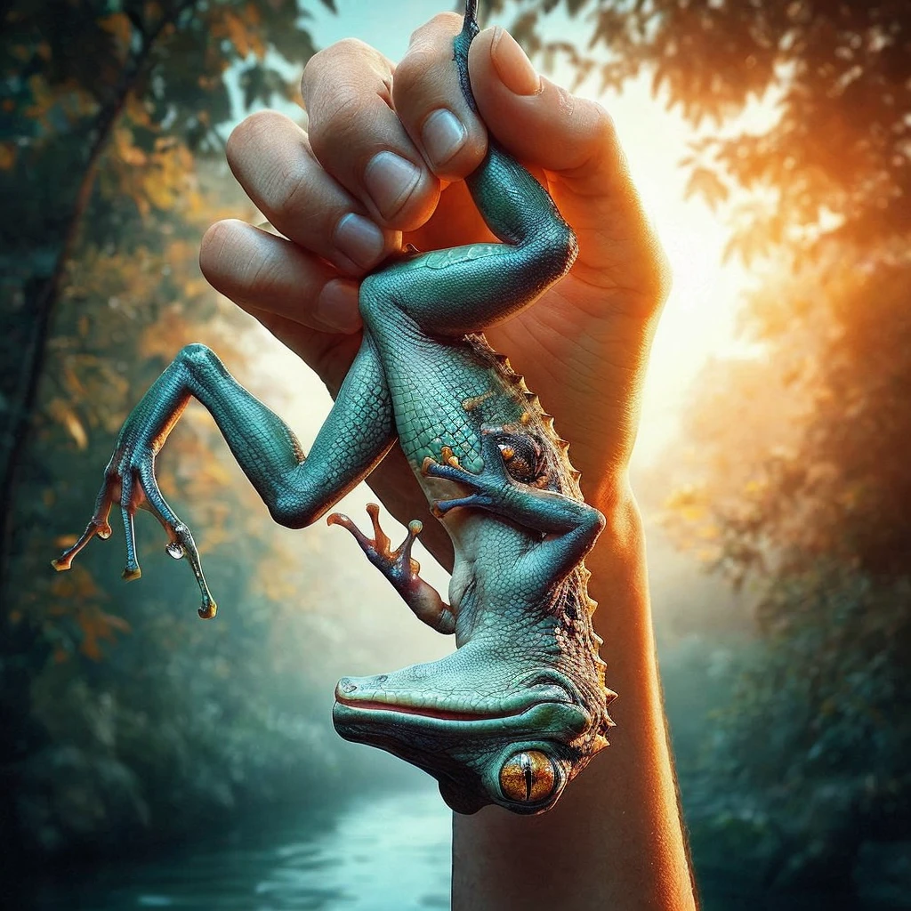photo of a person's hand holding the leg of a crocodile-headed frog, so that the frog appears to be hanging upside down when the leg is held