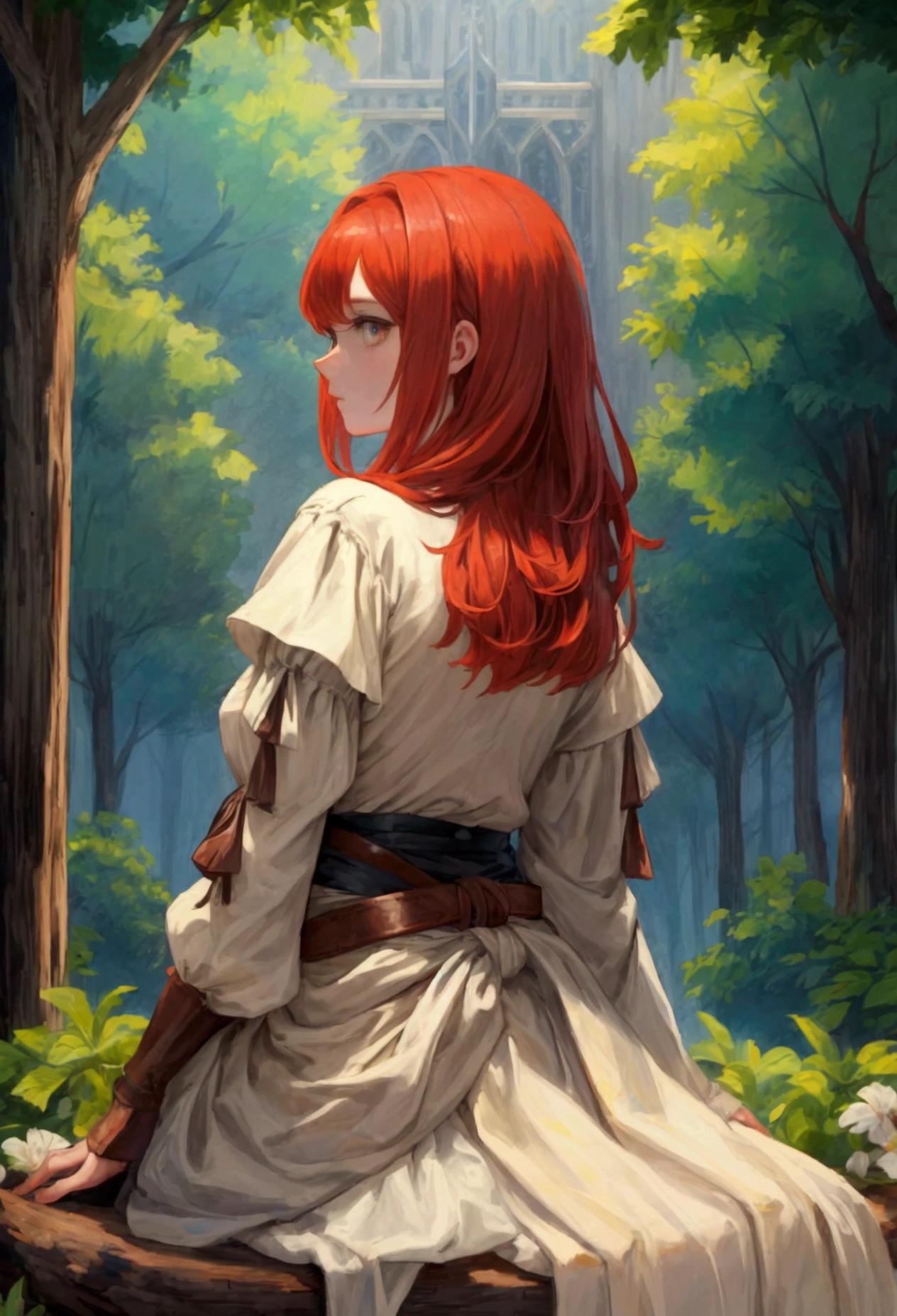 Medieval depressive pixelated drawing style of a feminine girl with short, messy red hair and because of the angle of her face you can&#39;t see the girl&#39;s eyes because the camera is looking at her from the side from behind that she has, She has a brown leather warrior outfit with a sword on her waist while sitting under a tree playing a guitar.