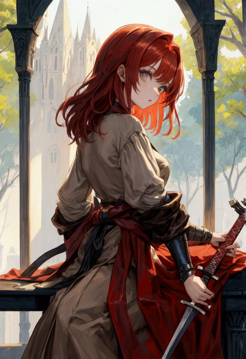 Medieval depressive pixelated drawing style of a feminine girl with short, messy red hair and because of the angle of her face you can't see the girl's eyes because the camera is looking at her from the side from behind that she has, She has a brown leather warrior outfit with a sword on her waist while sitting under a tree playing a guitar.