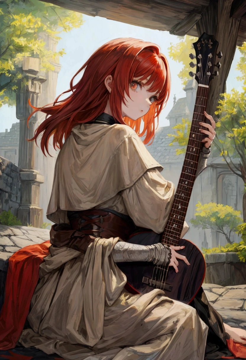 Medieval depressive pixelated drawing style of a feminine girl with short, messy red hair and because of the angle of her face you can't see the girl's eyes because the camera is looking at her from the side from behind that she has, She has a brown leather warrior outfit with a sword on her waist while sitting under a tree playing a guitar.