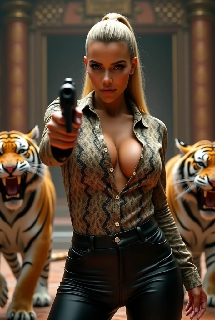 Kim Kardashian with long straight blonde hair in a ponytail in a shirt with snake print and buttons with sleeves and not belly-free, generous cleavage,in very tight black leather pants , she aims a gun at someone, in a temple, behind her several tigers run towards her with open mouths and sharp teeth