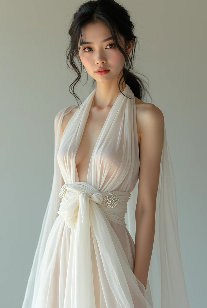 Myanmar girl, traditional dress, wear white thin cloth and dress, sexy style, full body with nipple