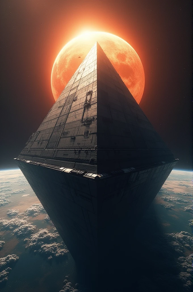 Pyramid-shaped space station, that has 2/3 the size of planet earth, stands in front of the sun and makes a large shadow on planet earth 