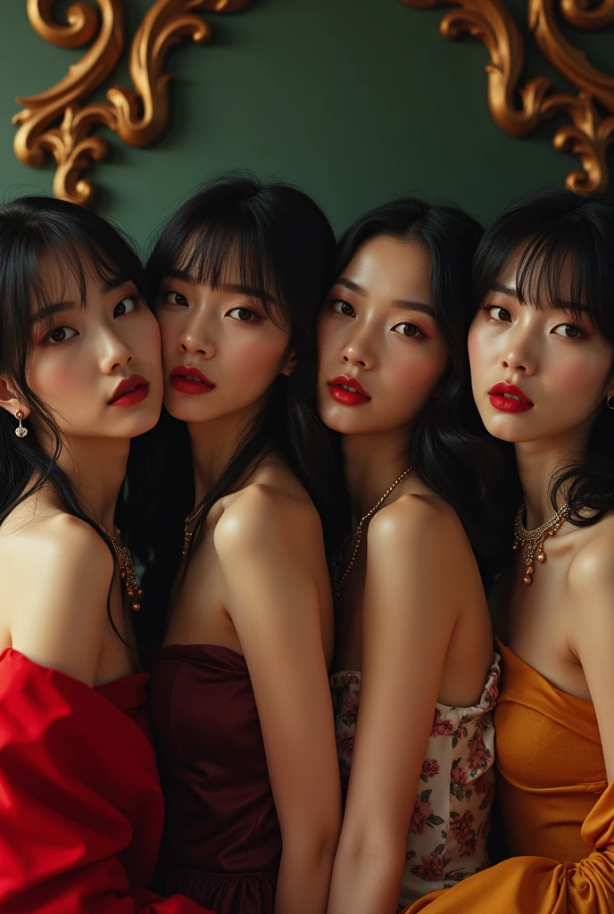 Create photos of a kpop girl group in a luxurious and dark setting, Very stylish, cena surreal, visual narrative and symbolism , with 4 members more delicate face