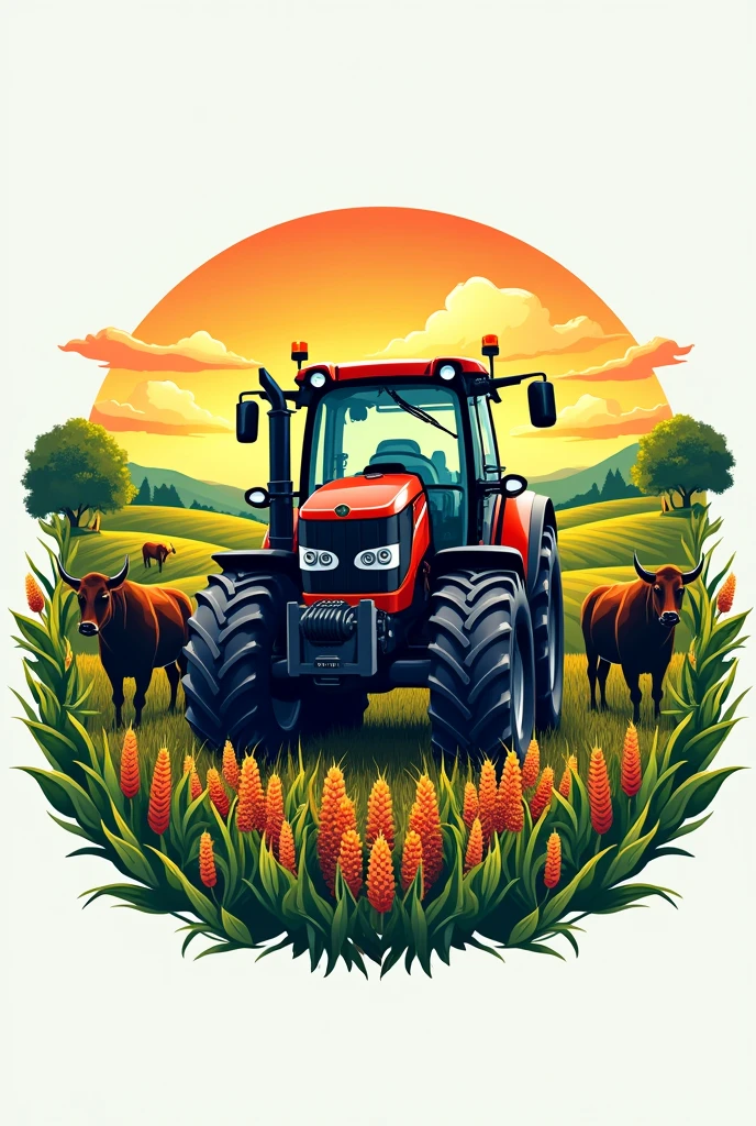 A logo for a page about agricultural topics, el cual sea un tractor con crops de fondo, with striking colors, cattle, crops