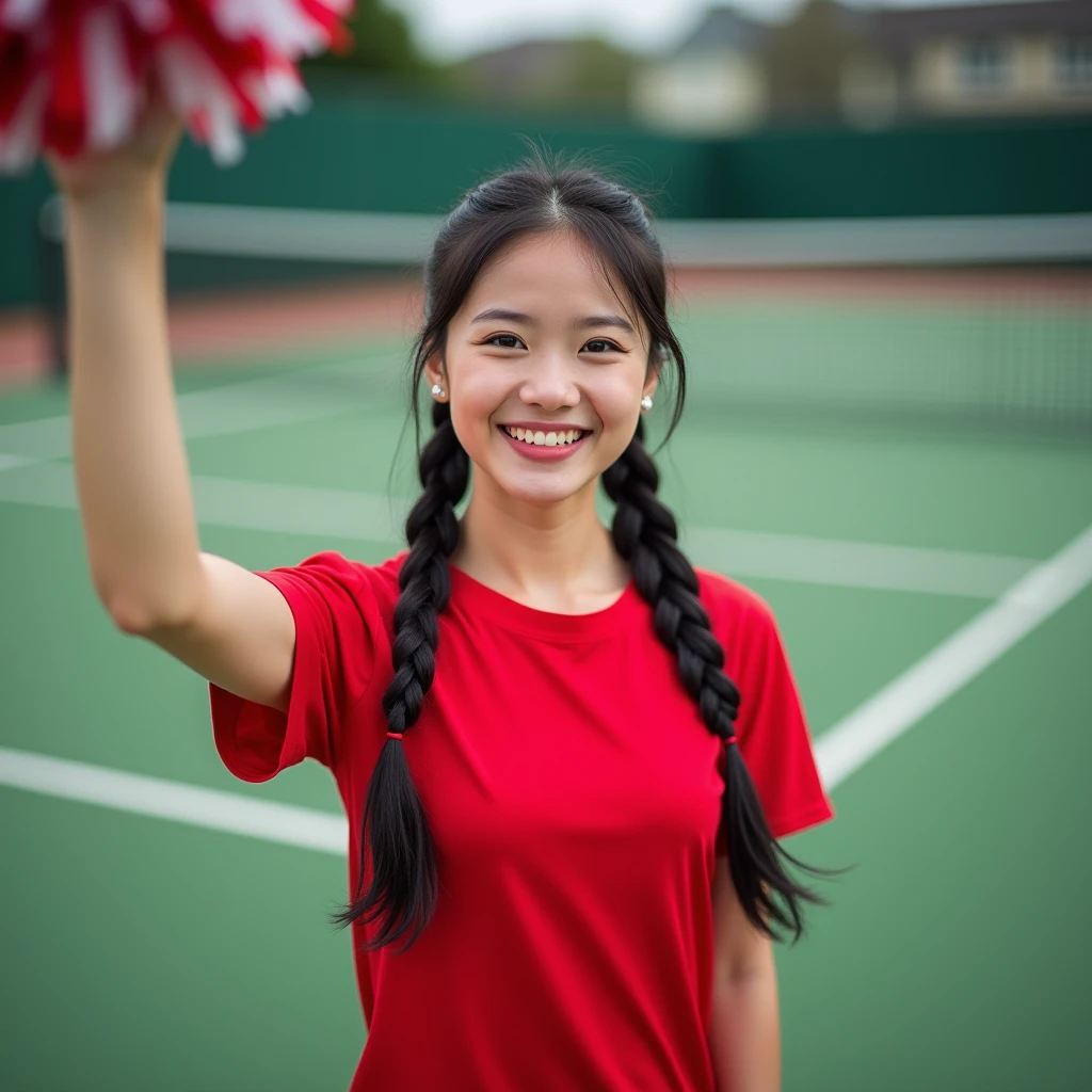 A beautiful asian girl is cheer leader, black hair, braided hair on both sides, t shirt red, looking viewer, facing the viewer, excitement on the face, hand lifting cheerleading flower, back ground at tennis. realictics, You should not describe the chest and genital areas, full body image, 