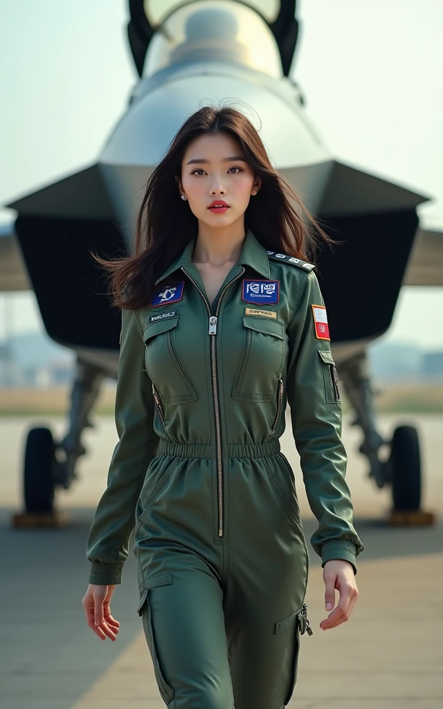 Ultra-high resolution,High-resolution details,Photo real, , (1 Korean female pilot,Super beautiful,Super white skin,Super white face), (Wearing a flight suit), Large breasts, (full-body shot,panorama distant view,Wide-angle lens)Military fighter,Female fighter pilot,The action of boarding the plane,airplane cockpit