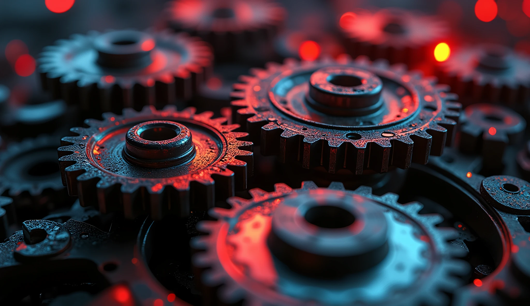 So many beautiful gears and beautiful pinions., close-ups of gears, dynamic camera work, Inside a machine, Beautiful metallic light reflections., Colorful dark red LED growing from the inside, Focus on the pinions and gear system, Black machine oil reflecting lights
