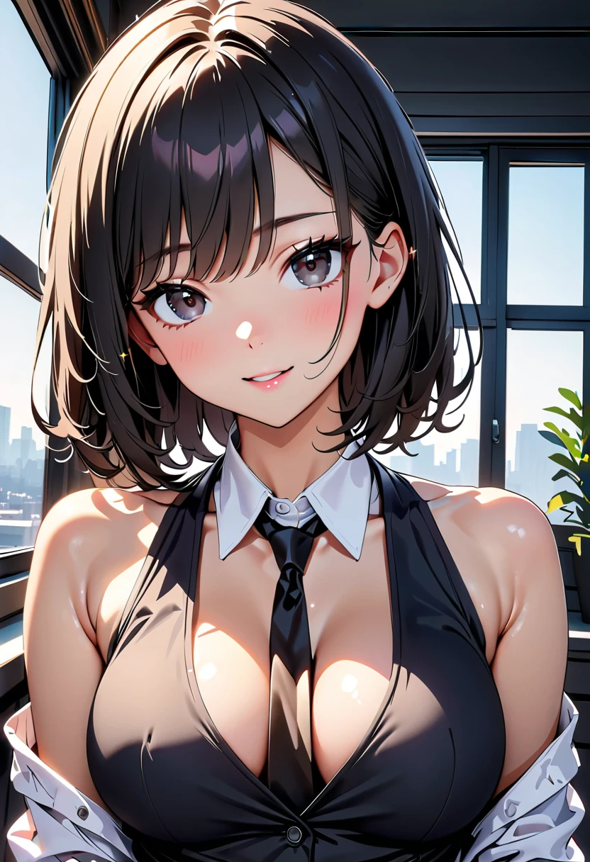 (high quality, 8k, 4k, high contrast, masterpiece:1.2, 最high quality, better aesthetics), ((1 female)),  pistol gun, contract killer, in the house, window,  Beautiful and detailed eyes and face., real skin glitter, pretty girl, black vest, strait black tie, atmospheric lighting, dark color palette, long black hair, black hair, ((sexy)), 27years old, small head, black eyes