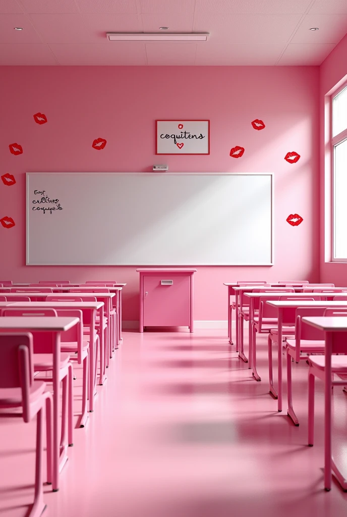 (photorealism:1.2), A big empty pink school classroom with pink school desks and a big pink teacher desk, there are the words "Mamarle el uebo a nuestro sultán Alberto" handwritten on the whiteboard on the back wall, and a sign with the words "Colegio Coquetas" on top of the whiteboard and many big red 💋 kiss stickers on the wall realistic, intricate details