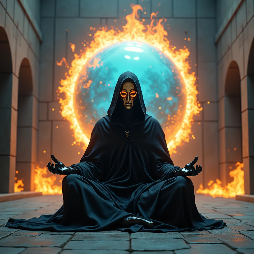 a close up of a beautiful black hooded robed cyborg wearing a holographic gold arched door mask meditating and levitating as sphere of fire surrounds his body in front of a large firey blue 3d volumetric metaball portal radiating and emitting rays of distortion beams that distort matter in a stone arena of stone arched doors
