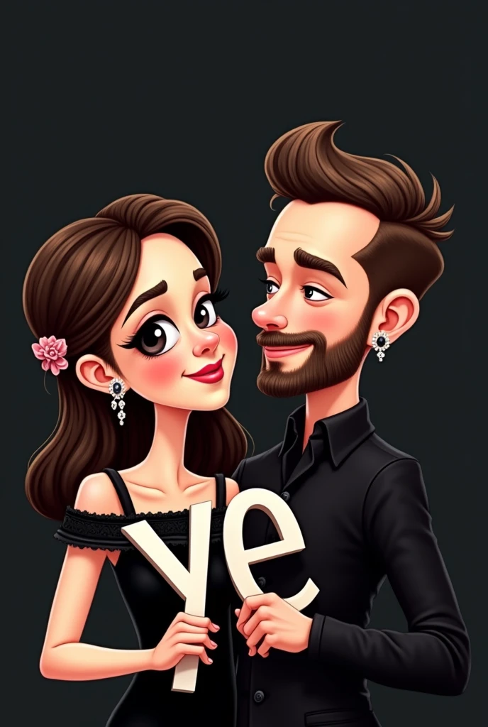 Create a caricature of two lovers, she holding the letter Y and he holding the letter E, he with dark skin, earrings and a short, well-defined beard, she with a bow in her hair, both dressed in black.