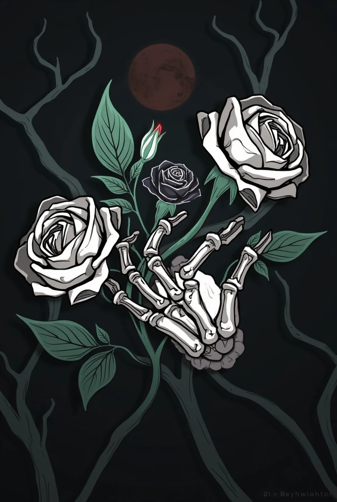 High resolution, black roses with green leaves, blood moon, horror, skeleton hand holding rose,