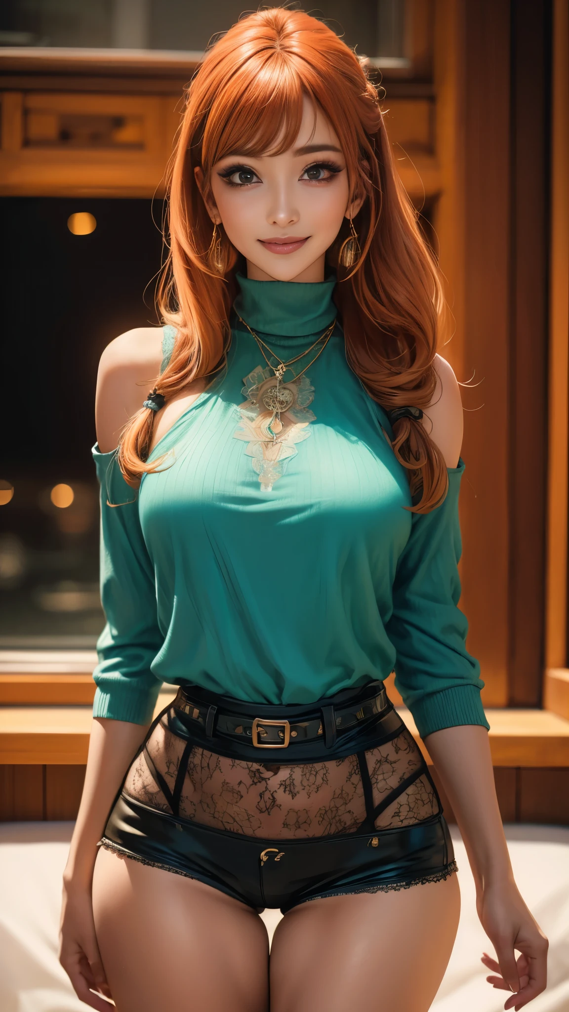 (best quality,4k,8k,highres,masterpiece:1.2),ultra-detailed, 1woman, gyaru, five foot five inches tall, ginger colored hair, mole by her left eye, wide hips, short shorts, seductive pose, smiling lustfully, looking at viewer lovingly, ((intricate detail)),(((realism))), HDR, 8k, absurdres, cinestill 800, sharp focus, add_detail:2, (solo, woman)