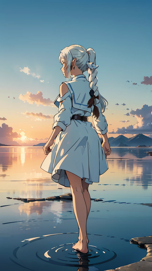 (((Bust-up composition))), Freyren, one girl, (((Long hair: 1.5))), long pointed ears like an elf, (((Long silvery white twin tails: 1.5))), jewelry, elf, earrings, capelet, white capelet, black and white striped long-sleeved shirt, parted bangs, dress, belt, flower,
--sleeves rolled up, wristband )), Shining eyes, ((Rear view)), Captivating, Shining eyes, Standing, Raising one leg, ((Masterpiece)), top-quality, Anime Art Wallpaper 8 K, ((Walking on water)),, Ripples, Dawn background, Saturn in background, Enlightenment, Concept art, and soul, Key visual, Trending pixiv Fanbox by WLOP, Greg Rutkowski, Makoto Shinkai, Mamoru Hosoda, Studio Ghibli, Uyuni Salt Flats landscape, ((shot from behind, full body)), footboard beauty, arms spread, floating hair, outdoors, wind, (((barefoot))), beautiful waterside, calm water reflects the sky
(16k, 8K, RAW, best quality, masterpiece 1.2), ultra HD, high resolution, high quality, best quality, best quality, super high resolution, --- perfect anatomy, perfect proportions, great lighting, bright and vivid colors, clean lines, information, blurred, stunning facial expression, restless emotions, gorgeous and cute, beautiful face and eyes in every detail, (masterpiece) beautiful face, young and handsome girl, really perfect skin, blurred, stunning facial expression, restless emotions, gorgeous and cute, beautiful face and eyes in every detail, (Audrey Hepburn), (cute), (J-POP idol), (thighs, (depth of field), (depth of field), soft light, shining lens gaze, (droopy eyes), straight teeth, shy smile, flowing hair, a scene from Blake's movie,