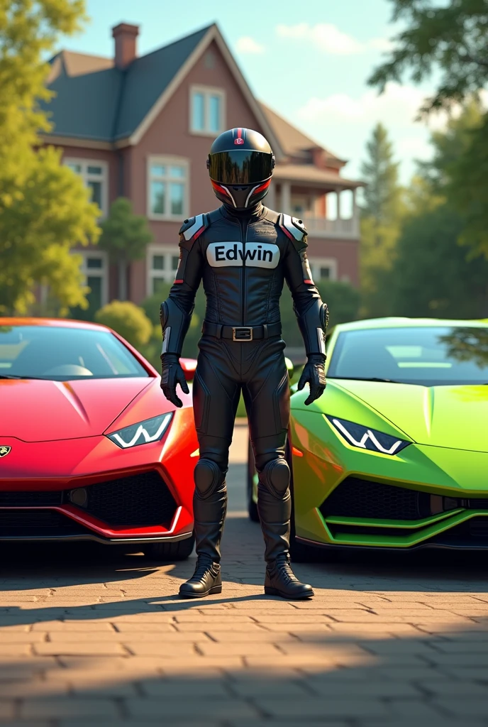 generates an image of a red YAMAHA R1 motorcycle and a lettuce-green Lamborghini car with the driver standing in the center and on the driver's chest it says "EDWIN" and that the driver is wearing a helmet on his head and in the background of the image he has a beautiful house with a beautiful garden. I need the image to be as realistic as possible and to have light colors.