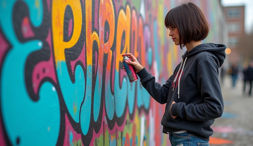 (masterpiece, best quality:1.2), (detailed, hyper-detailed, 8K HD, ultra-realistic:1.3), a young woman with a short bob hairstyle standing in front of a large wall, spray-painting vibrant graffiti. She is wearing a dark hoodie, ripped jeans, and sneakers. Her hands are stained with colorful paint, holding a spray can with confidence. The wall is covered in bright, bold colors as she creates a large, expressive piece of street art. The setting is urban, with a gritty, industrial feel. The scene is captured in a dynamic, energetic moment, with paint particles in the air, and the woman looks determined and focused, embodying the spirit of individuality and rebellion.