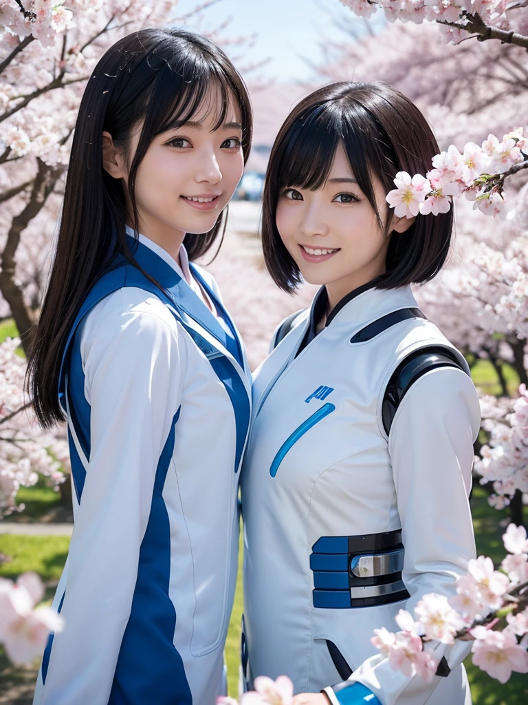 Japanese female android sisters,Black Hair,White and blue robot suit,Plump,Walking along the rows of cherry blossom trees in full bloom,Close-up,smile,
