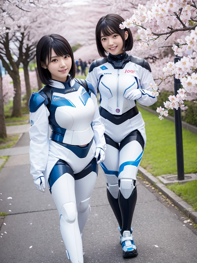 Japanese female android sisters,Black Hair,White and blue robot suit,Plump,Walking along the rows of cherry blossom trees in full bloom,Close-up,smile,