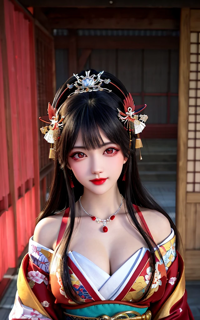 最high quality,masterpiece,High resolution,One girl,blush,(Captivating smile:0.8),Red Eyes,Delicate red lips、鬠红、Red eyeliner、Japan,Oiran,I can see your shoulders,Gorgeous kimono、Hair ornament Kanzashi,necklace,jewelry,Beautiful Face,On top of that_body,Tyndall effect,Realistic,Dark studio,Rim Light,Two-tone lighting,(Skin with attention to detail:1.2),8k uhd,Digital SLR,Soft lighting,high quality,Volumetric lighting,Frank,photograph,High resolution,4K,8k,Bokeh,