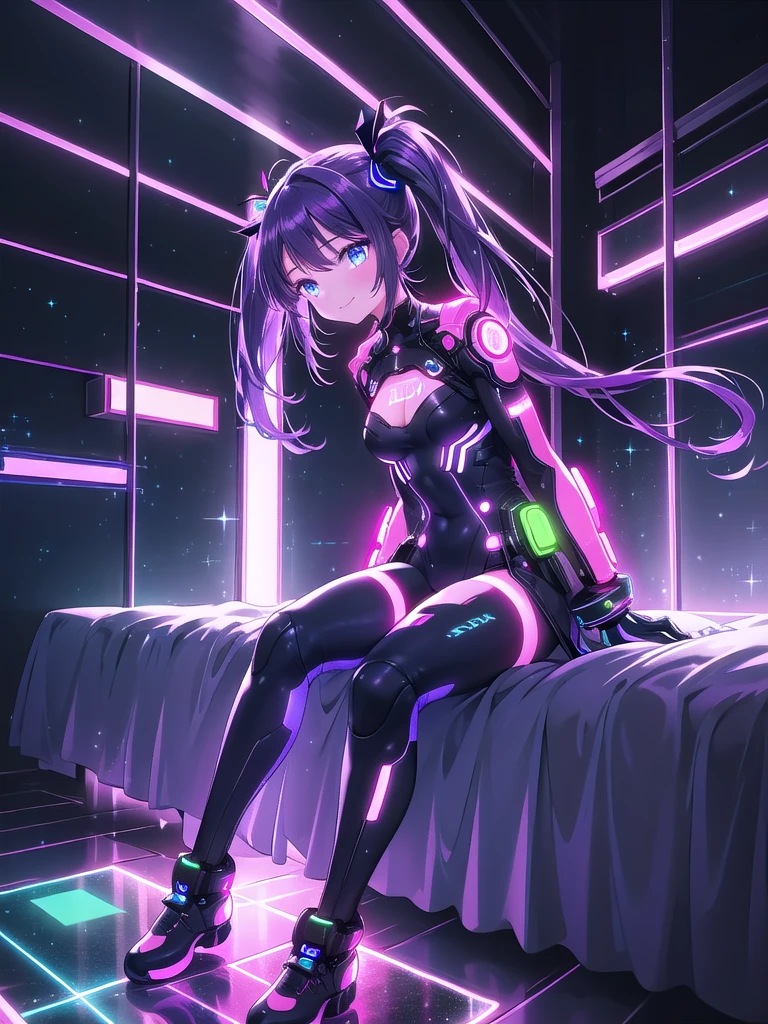 ((8k, Best Quality, Masterpiece: 1.3)), Ultra High Resolution, (1 girl, Single Person), (Color Changing Eyes, Super Detailed, Expressive Glow, Sparkling Eyes), Highly Detailed Eyes, "Create a Vtuber character with purple hair styled in her charming twin ponytails, adorned with small, neon pink clips shaped like circuits. Her indigo eyes are tareme, radiating a sweet but daring vibe as she looks confidently into the camera, smiling at her boyfriend. She is sitting on her bed, leaning slightly forward with one knee up, dressed in a sleek, glowing bodysuit that combines white and neon blue panels, highlighting her figure with glowing lines tracing down the arms and legs. The bodysuit features a slightly low neckline, showcasing a hint of cleavage, adding a subtle yet noticeable touch of allure. The room is minimalistic with neon accents, a small desk with futuristic tech gadgets, and soft, ambient lights that create a cozy yet high-tech atmosphere."