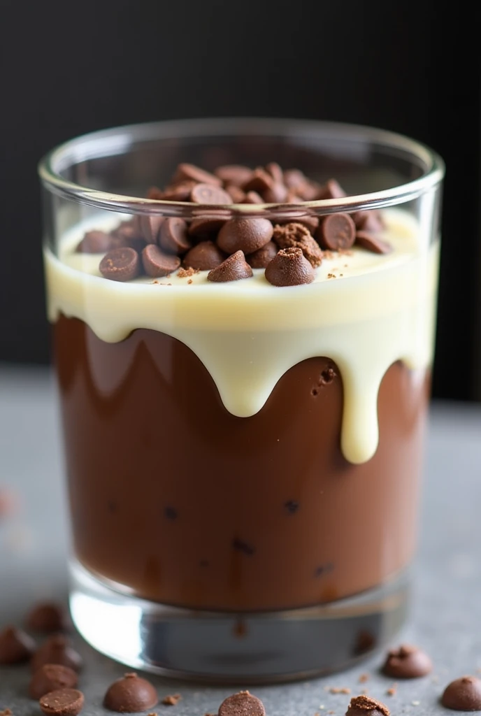 Chocolate pudding and melted white milk topped with chocolate chips in a transparent glass