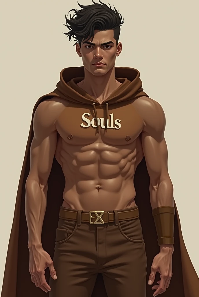Handsome Brazilian man. Hero outfit. Brown Color outfit. Logo in outfit: souls .with hood and cape. No top. Lean. He has self trust issues. He's more in skinny side. Less muscle. Topless teenst hero outfit