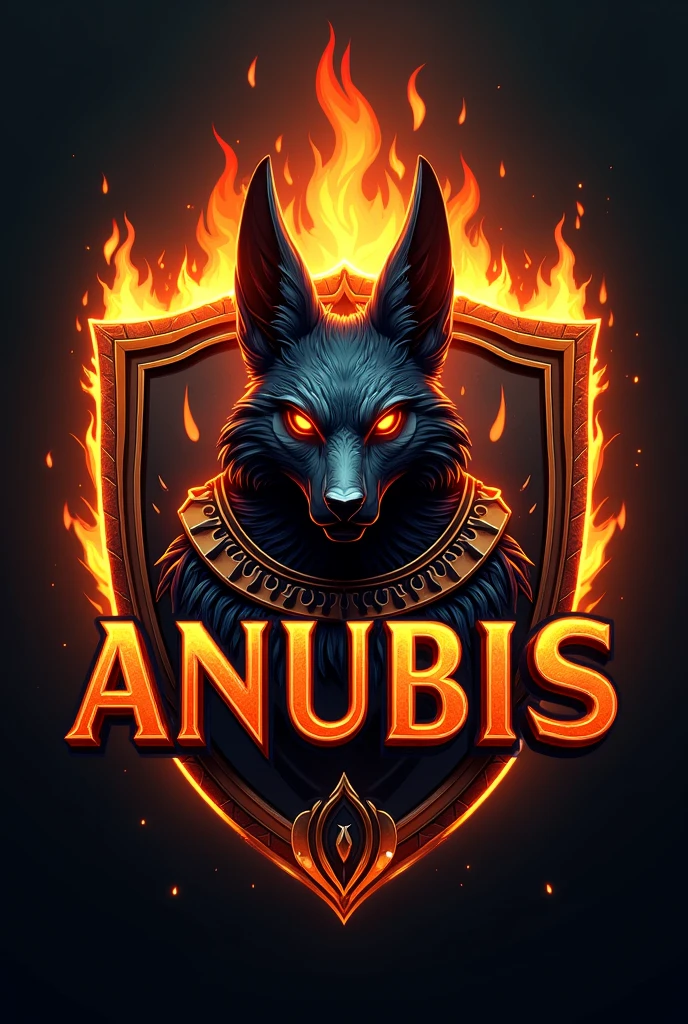 ((best qualityer)), ((work of art)), (detailded),  create a gamer logo with the character egyptian god anubis, The logo must have a coat of arms with the character in front of the front bust, and the name written ANUBIS, Anubis has to be on fire epic dragon gamer style, the name anubis do it in an epic way