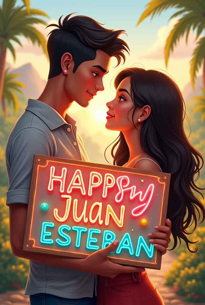 A young man with light brown skin and dark reddish brown eyes , a little muscular and short hair happy called Juan Esteban Gutiérrez Ortiz because in front of him is his friend Danna with dark skin, dark brown eyes and very long hair down to her tail (women) young man holding a sign that says "Happy birthday Juan Esteban ♡" that they look at each other's faces with joy and in the background there is a landscape that represents that joy and that they have a nice matching outfit , but they look younger and the boy is like flirtatious and with hair a little shorter And the young girl looks a little younger with a submissive face, Well, they are looking slightly at the camera here in front. , This image is perfect, I need the poster to be more colorful and happy and what it says "Happy birthday Juan Esteban" This one with degraded and very epic letter and that they look towards my first perspective, The young Juan boy is slightly muscular and with the hair on top a little shorter, They both look around