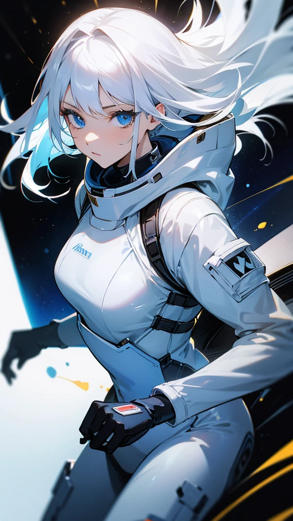 woman ,Golden white hair,blue eyes,,,Black space suit