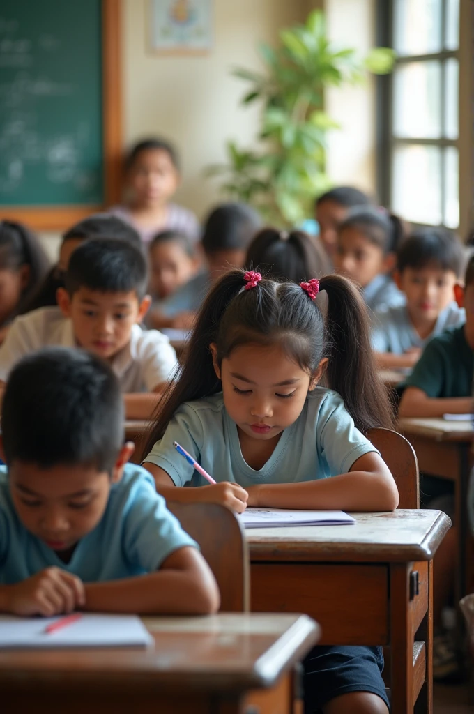 A photo of students without teacher in a classroom with landscape mode